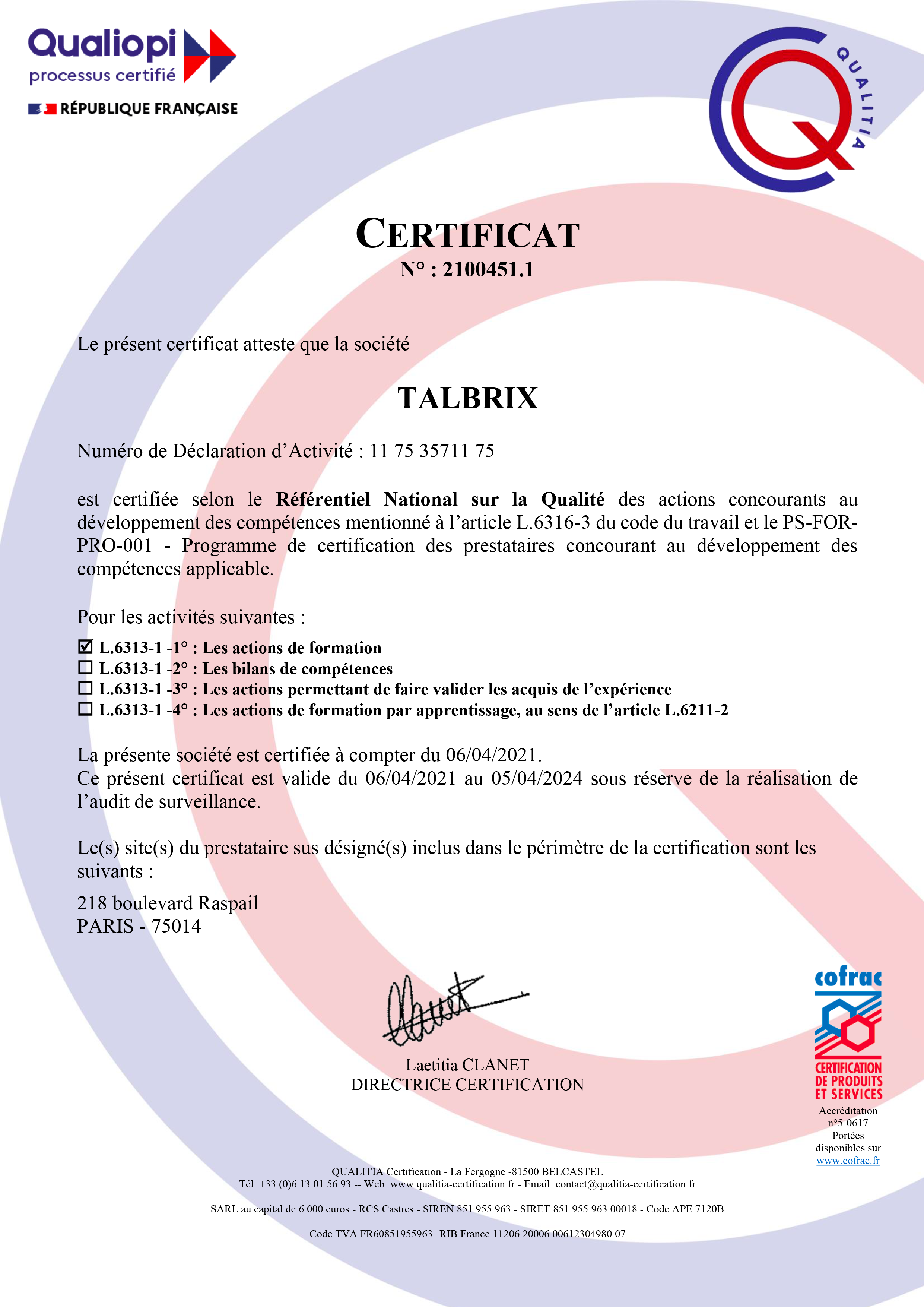 Certificat Qualiopi TALBRIX